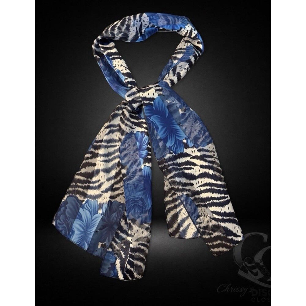 Blue and white floral zebra print silky scarf